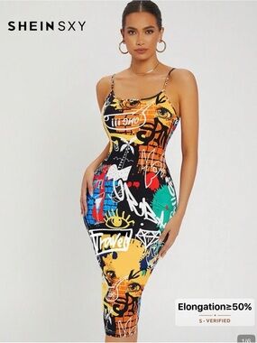 SHEIN Black Multicolor Graffiti Midi Bodycon Dress
